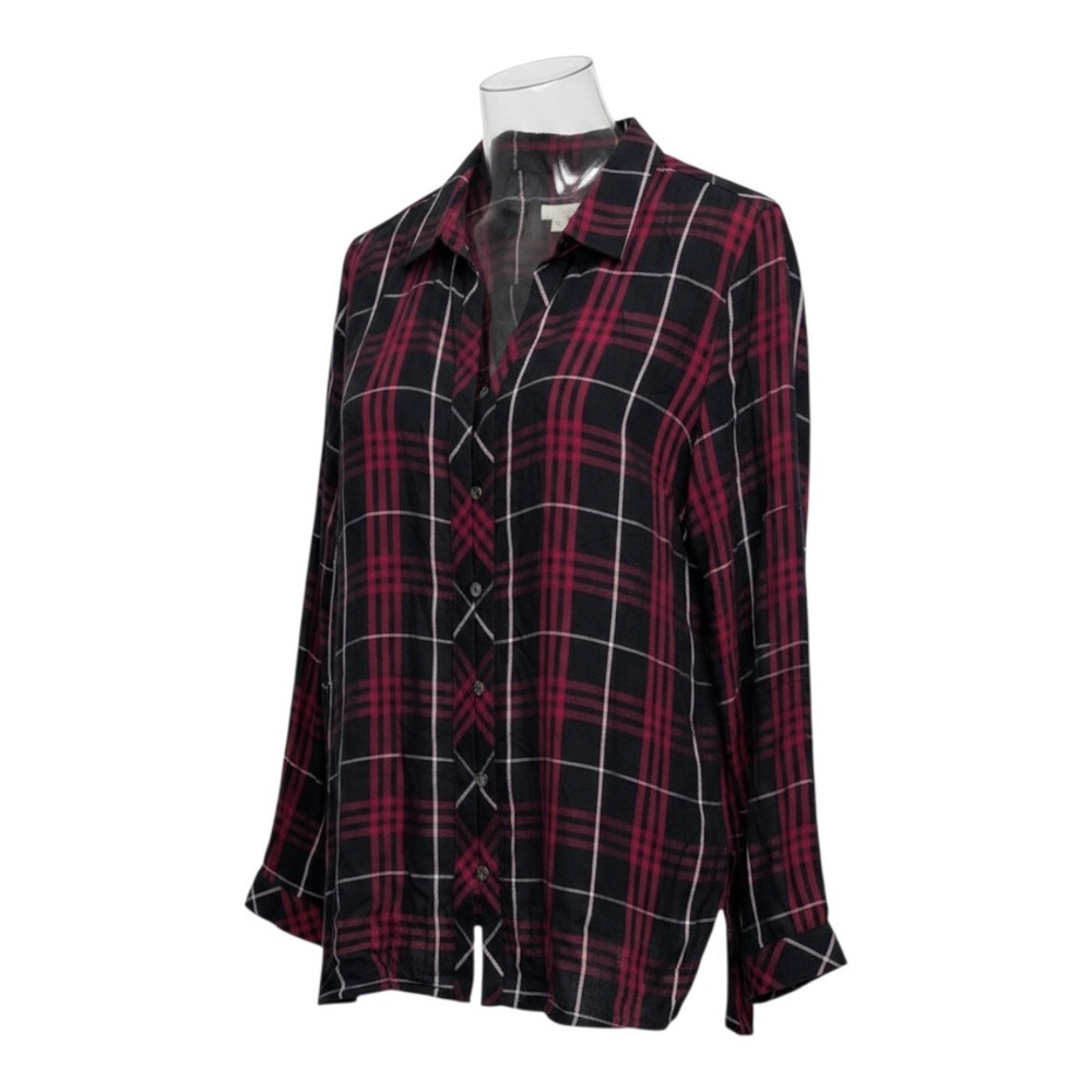 J. Jill Button Down Shirt Burgundy Black Plaid‎ Rayon Long Sleeve - XL